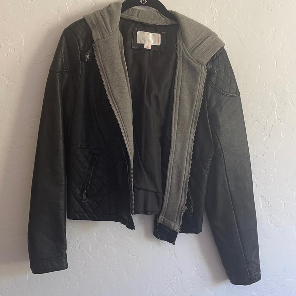 Leather jacket with “sweatshirt” hood
